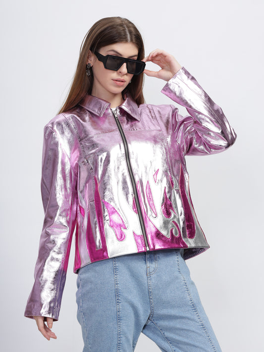 Women Pink Metallic Foil Fire Pattern Effect Real Leather Jacket