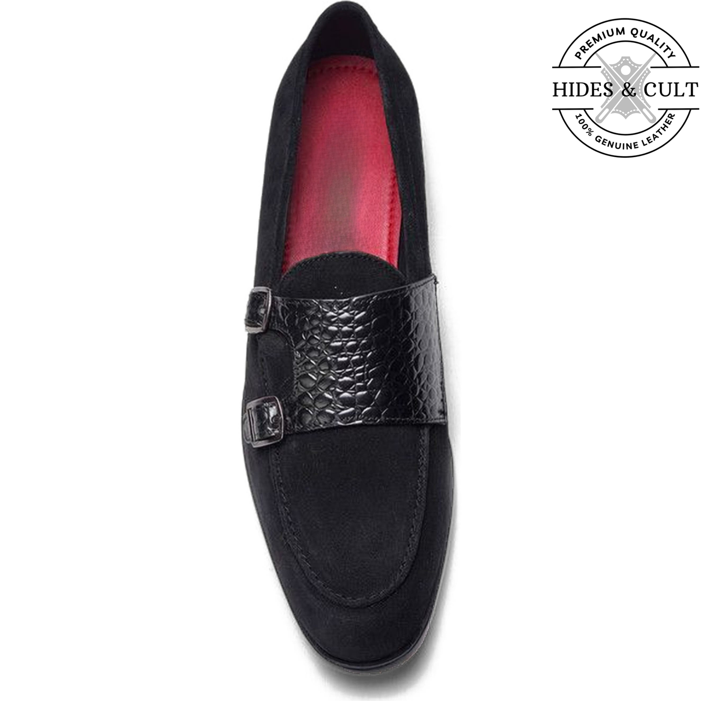 Black Suede - Black Croc Double Monk Strap SlipOn Loafers | Hides&Cult