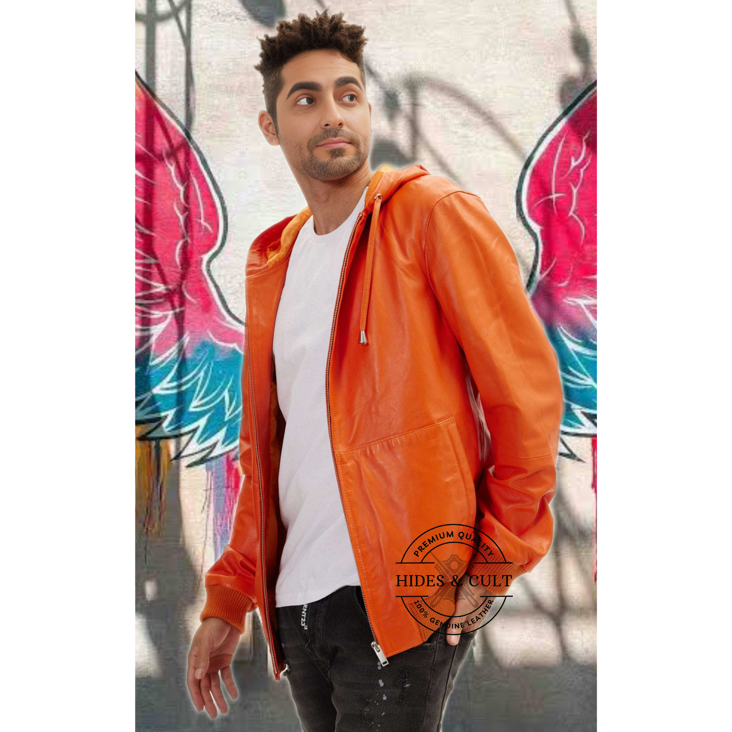 Men's Orange Genuine Leather Hooded Pullover Jacket