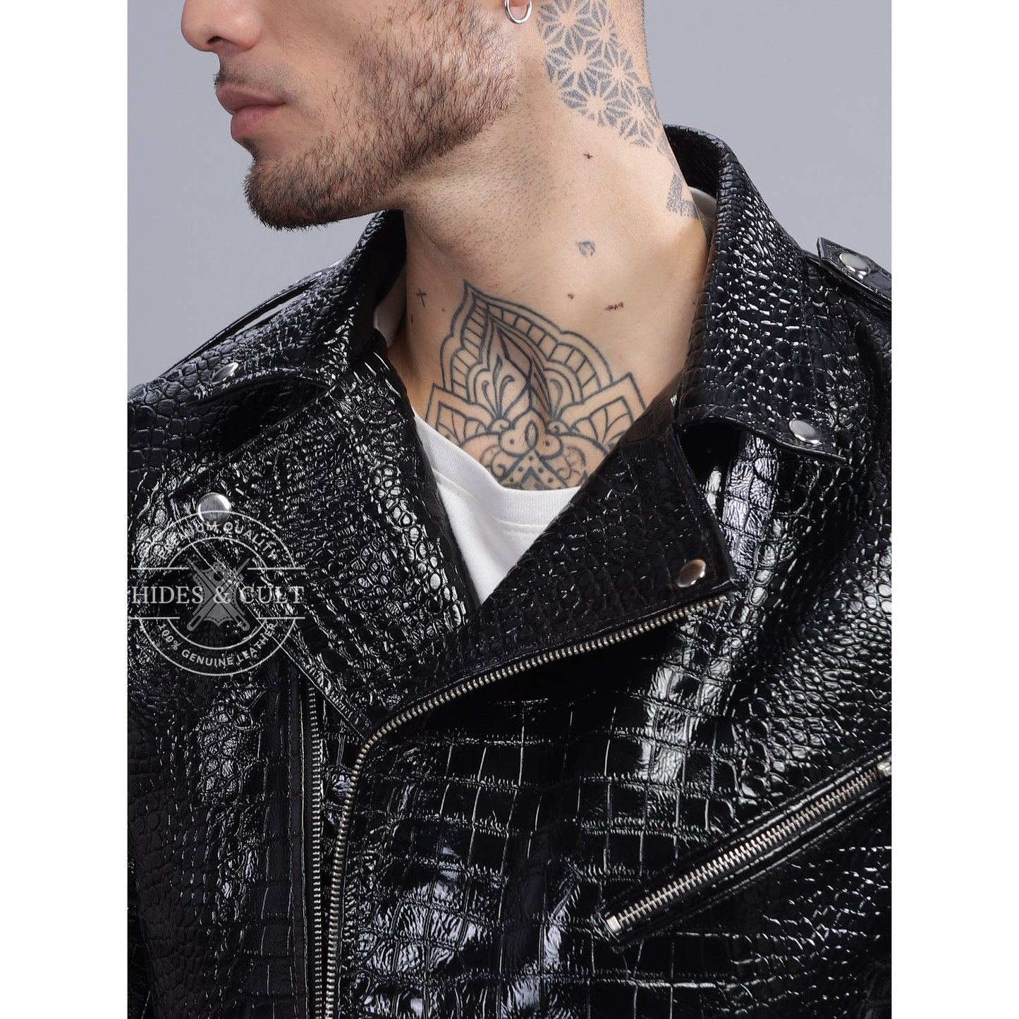 Mens Black Patent Croc Effect Motorcycle Biker Genuine Leather Jacket