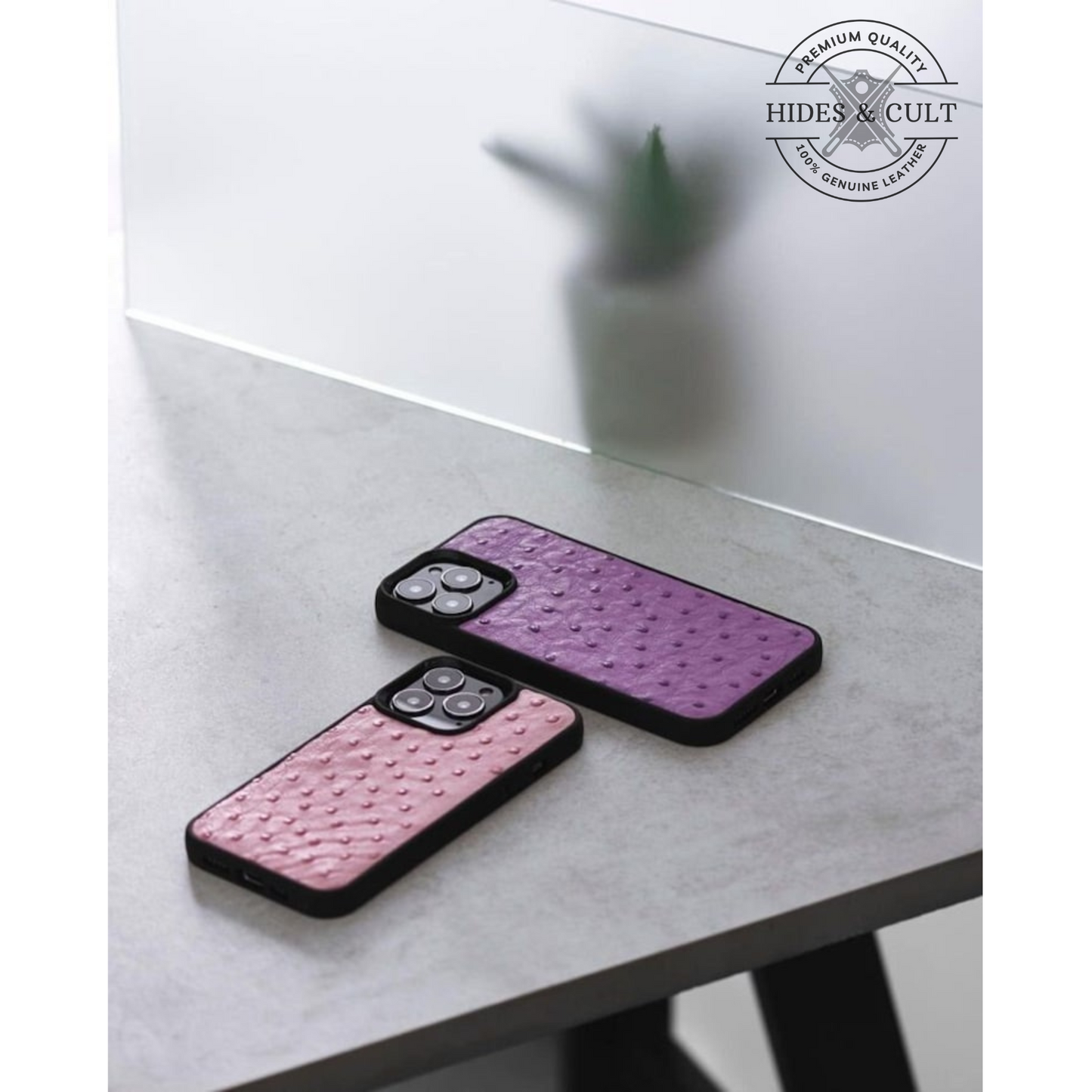 Luxury Pink Ostrich Print Shockproof Genuine Leather Iphone Case