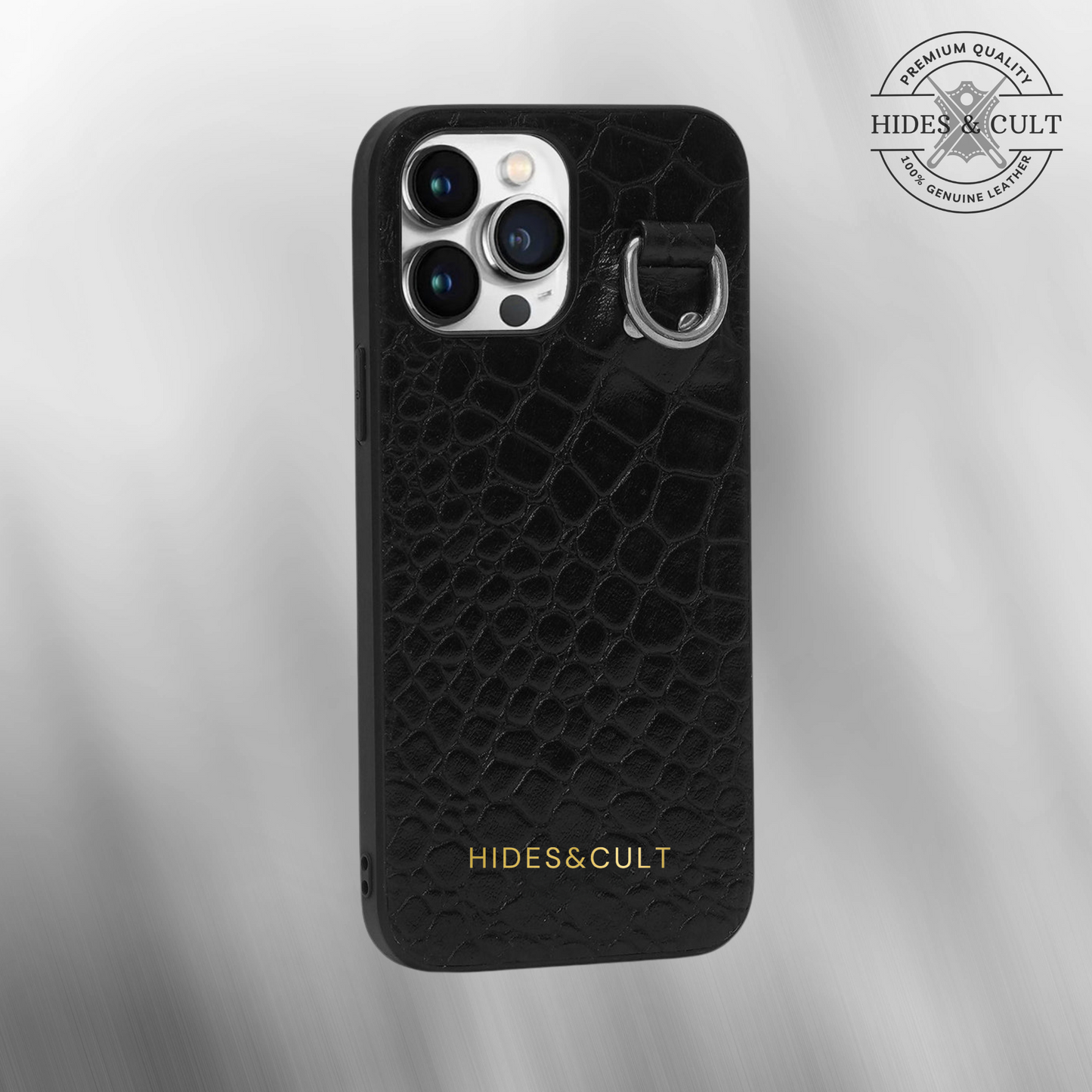 Luxury iPhone Chained Croc Case - Black Patent Croc Embossed Effect Genuine Leather Iphone Case