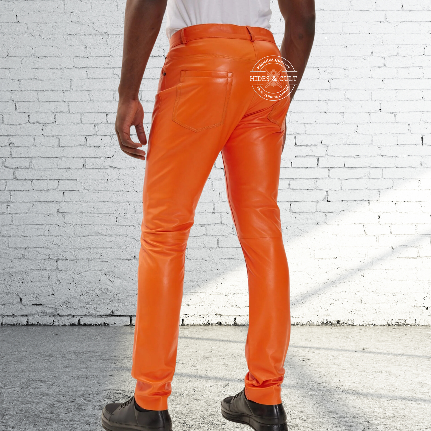 Mens Rich Orange Genuine Soft Lamb Leather Pants