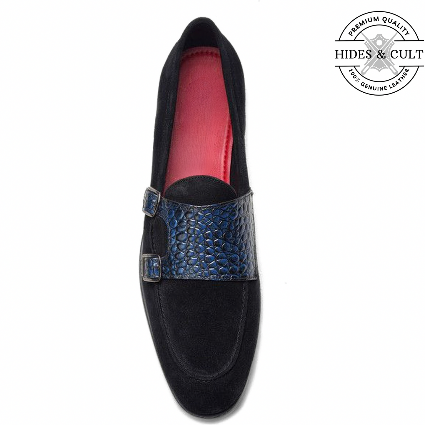 Black Suede - Blue Croc Double Monk Strap SlipOn Loafers | Hides&Cult