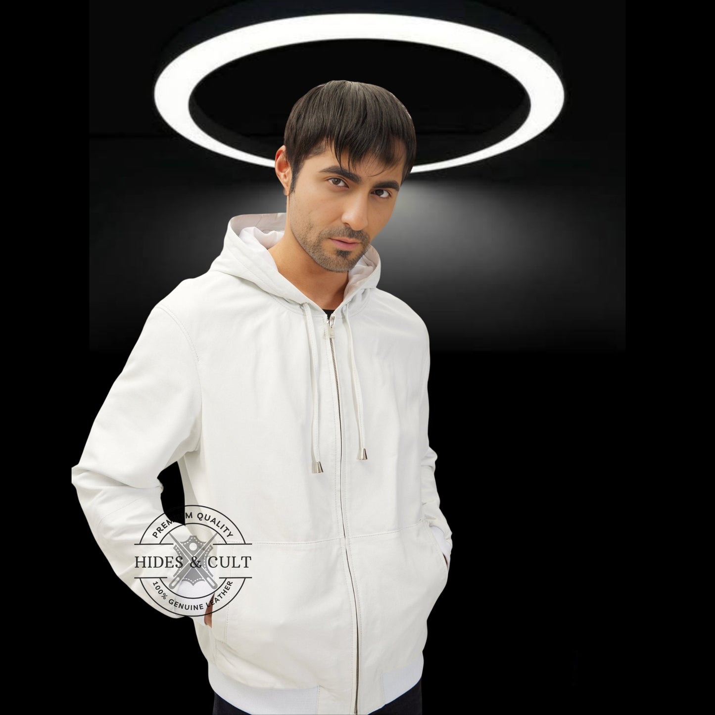 Mens White Genuine Lambskin Leather Hooded Sweatshirt
