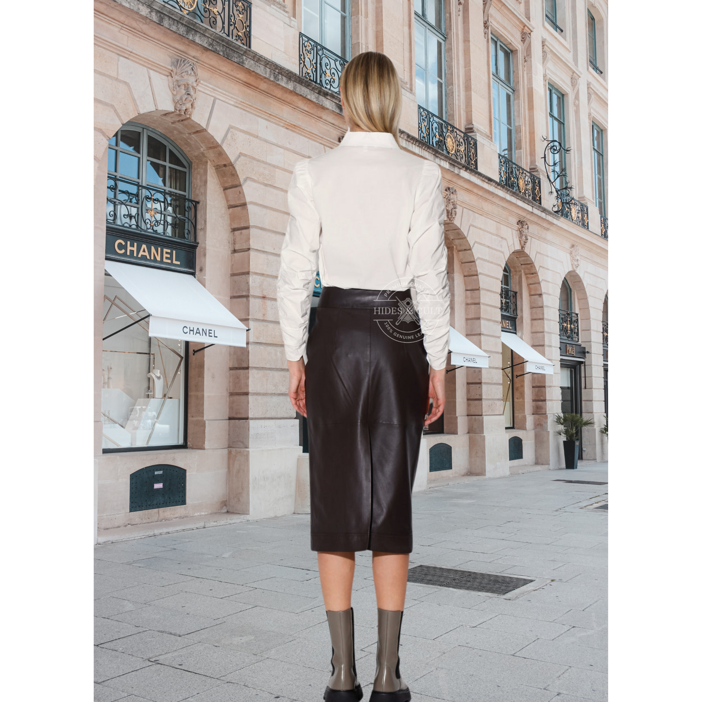 Womens Dark Brown Panelled Genuine Leather Midi Skirt with Pockets