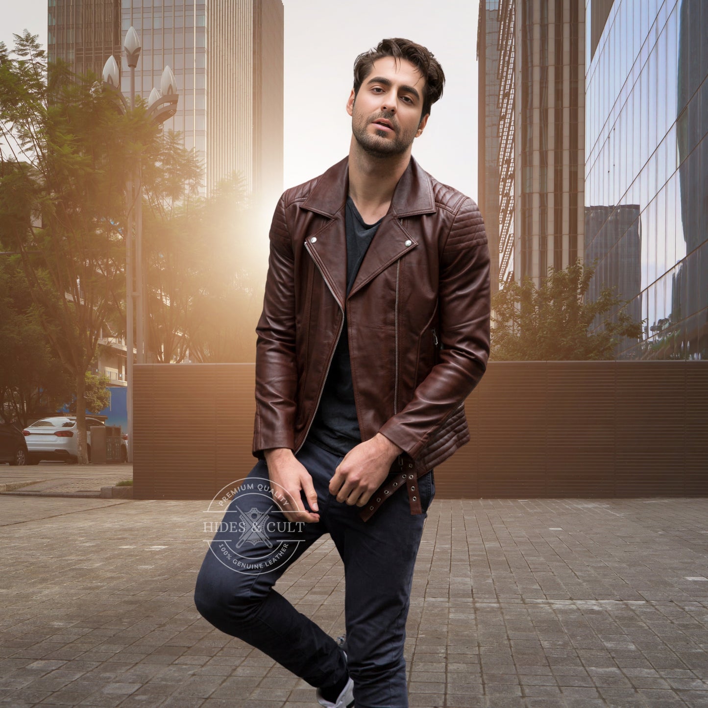 Mens Brown Tailored Motorcycle Biker Genuine Leather Jacket