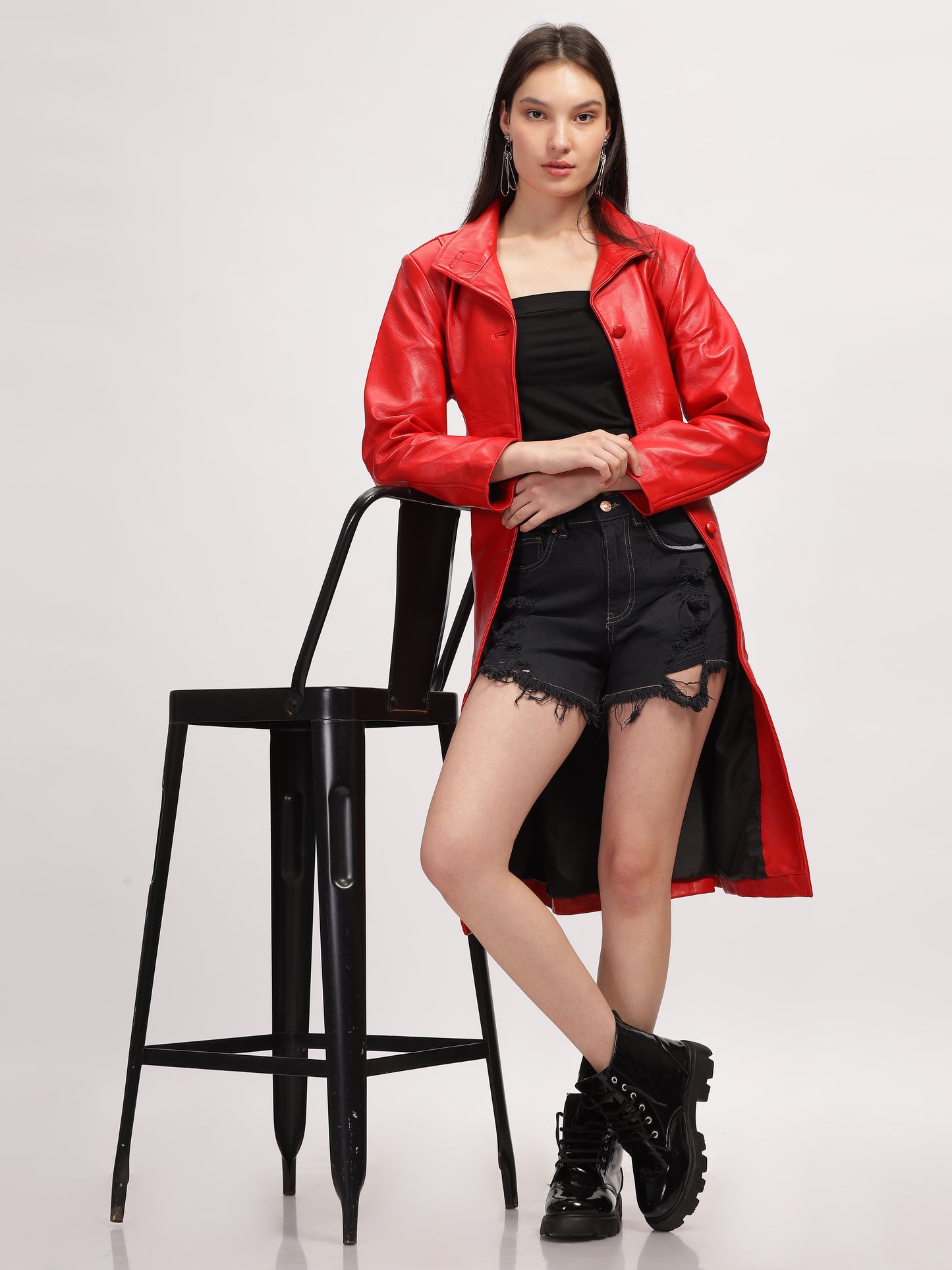 Womens Red Leather Trench Coat Long Coat