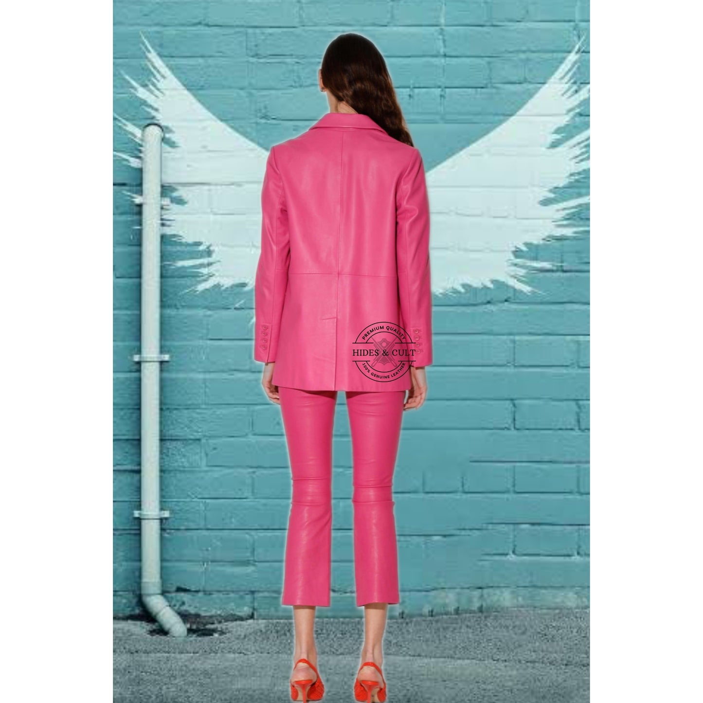 Women's Fuchsia Pink Real Leather Business Blazer