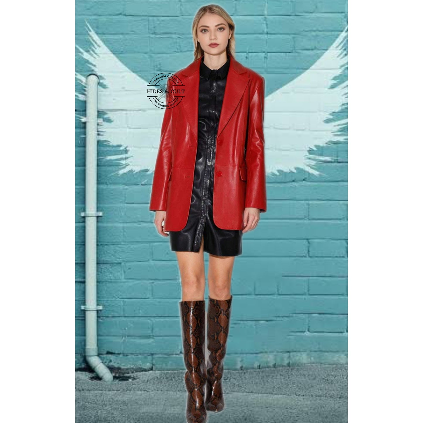 Women's Blood Red Real Leather Business Blazer