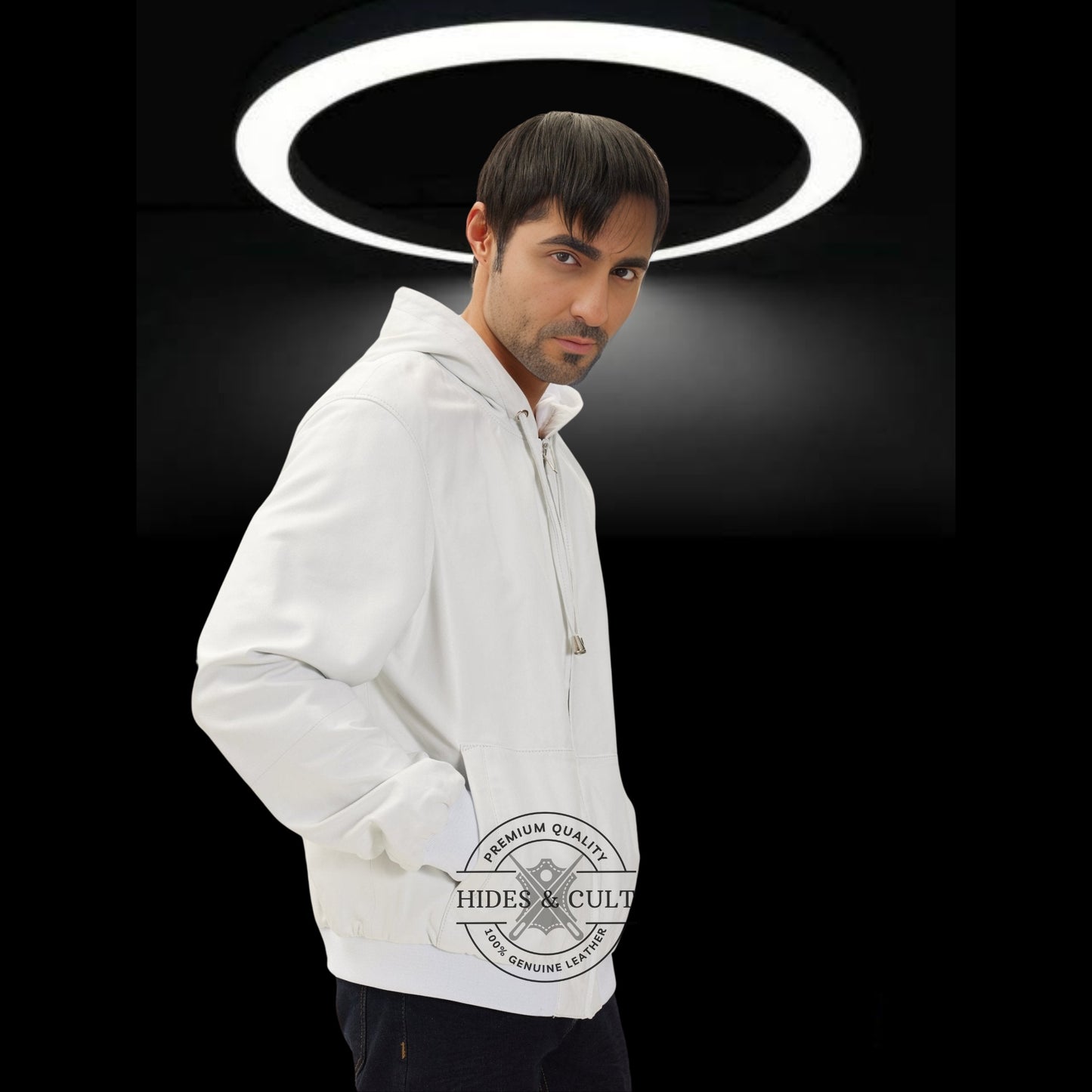 Mens White Genuine Lambskin Leather Hooded Sweatshirt