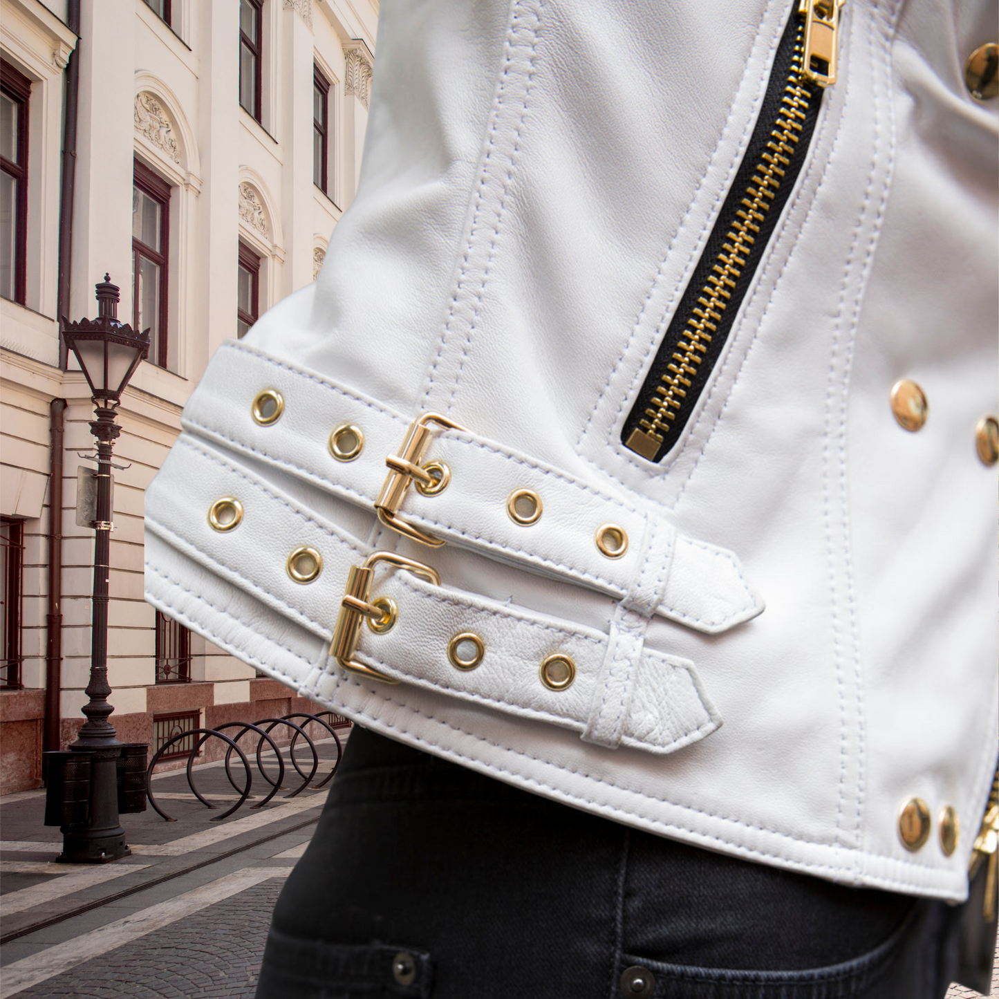 Womens White Gold Plated Hardware Motorcycle Biker Genuine Leather Jacket