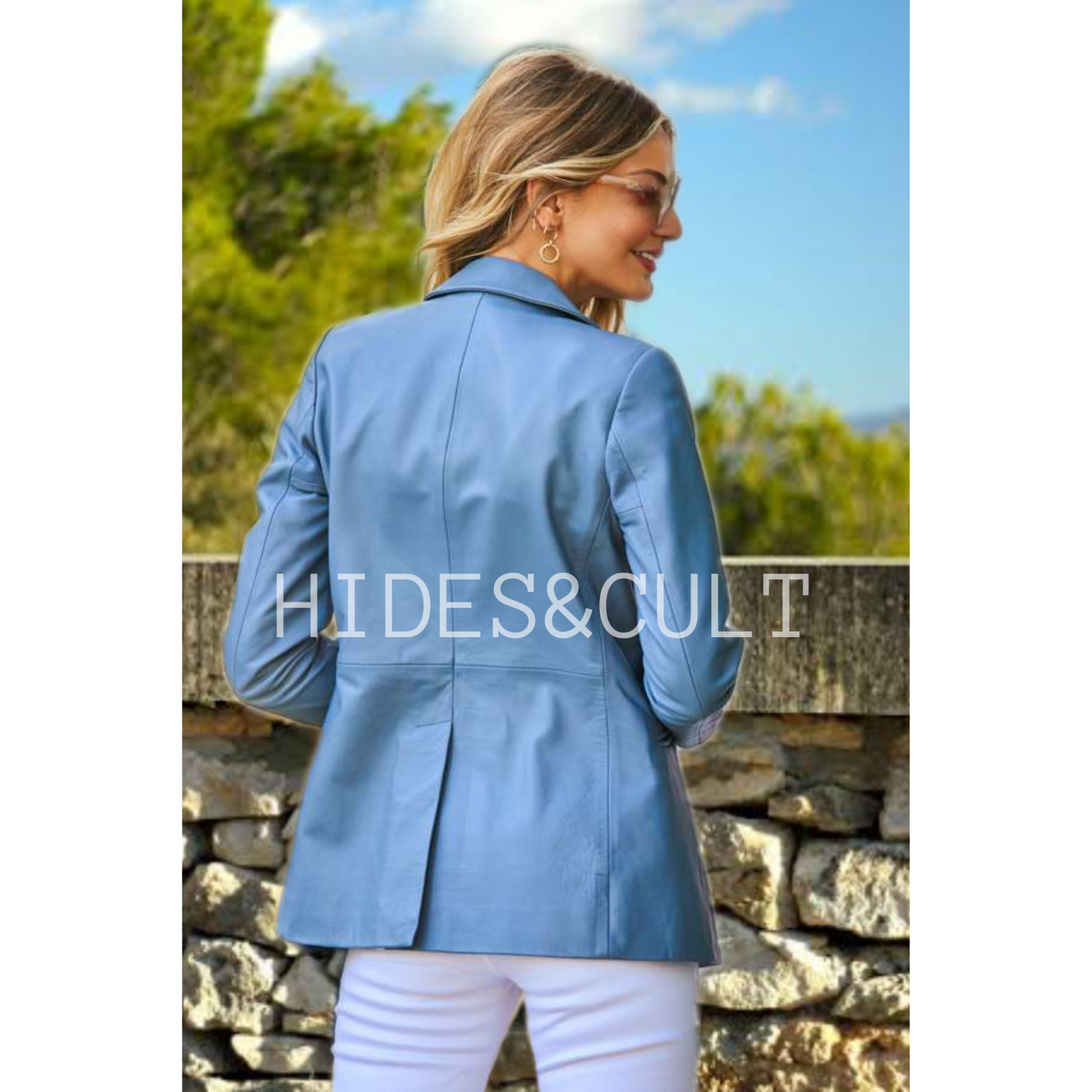 Women's Blue Real Leather Business Blazer