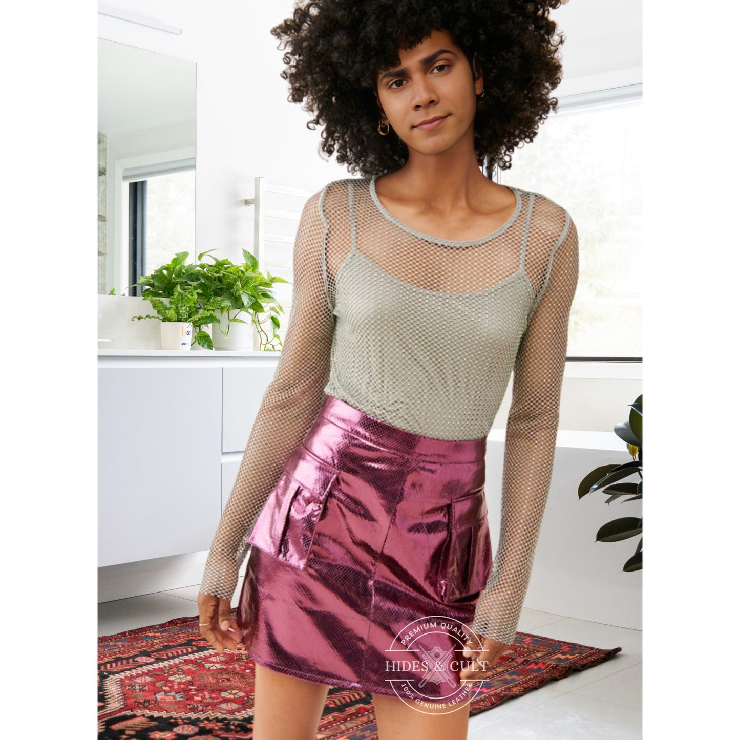 Womens Barbie Pink Metallic Foil Effect Genuine Leather Mini Skirt with Patch Pockets