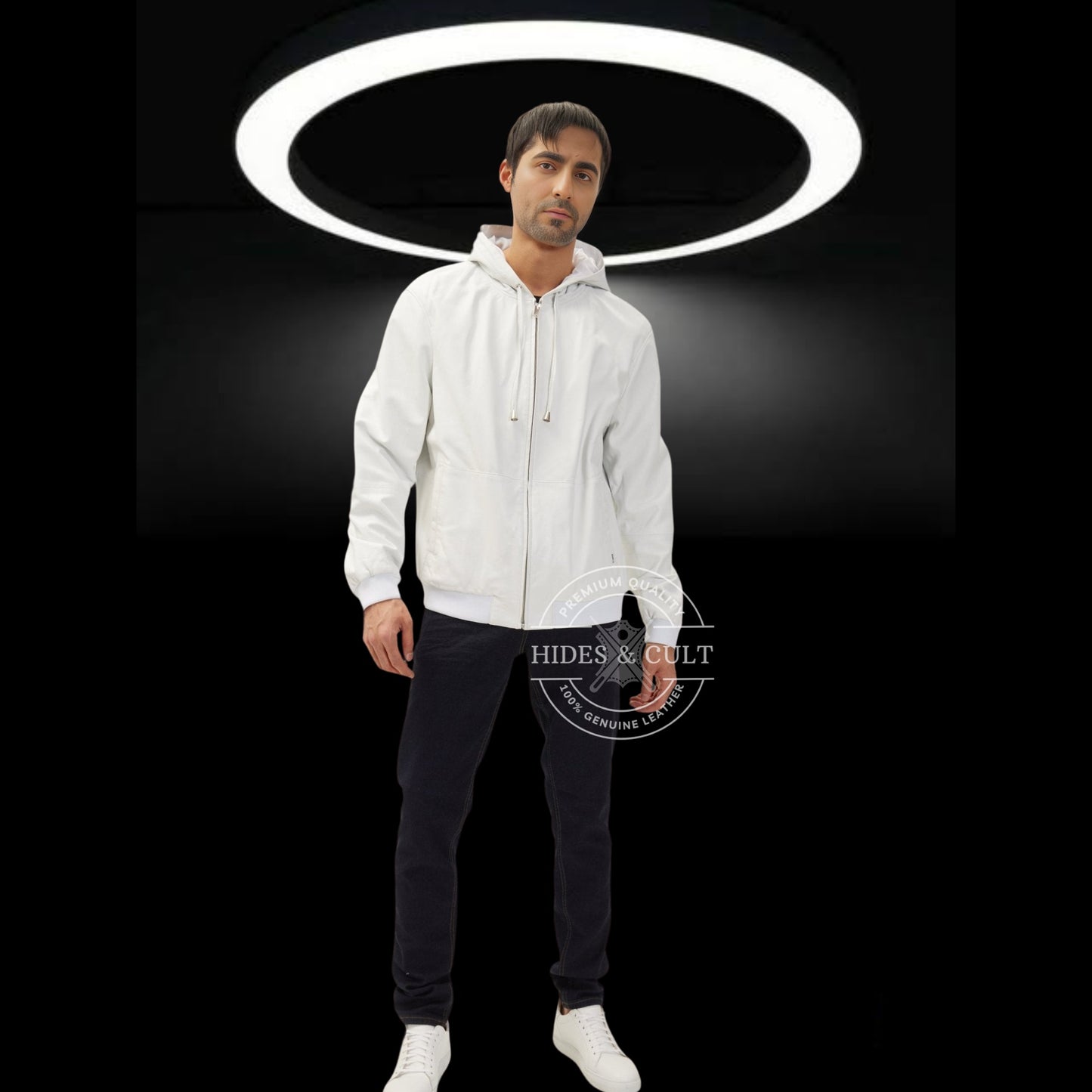 Mens White Genuine Lambskin Leather Hooded Sweatshirt