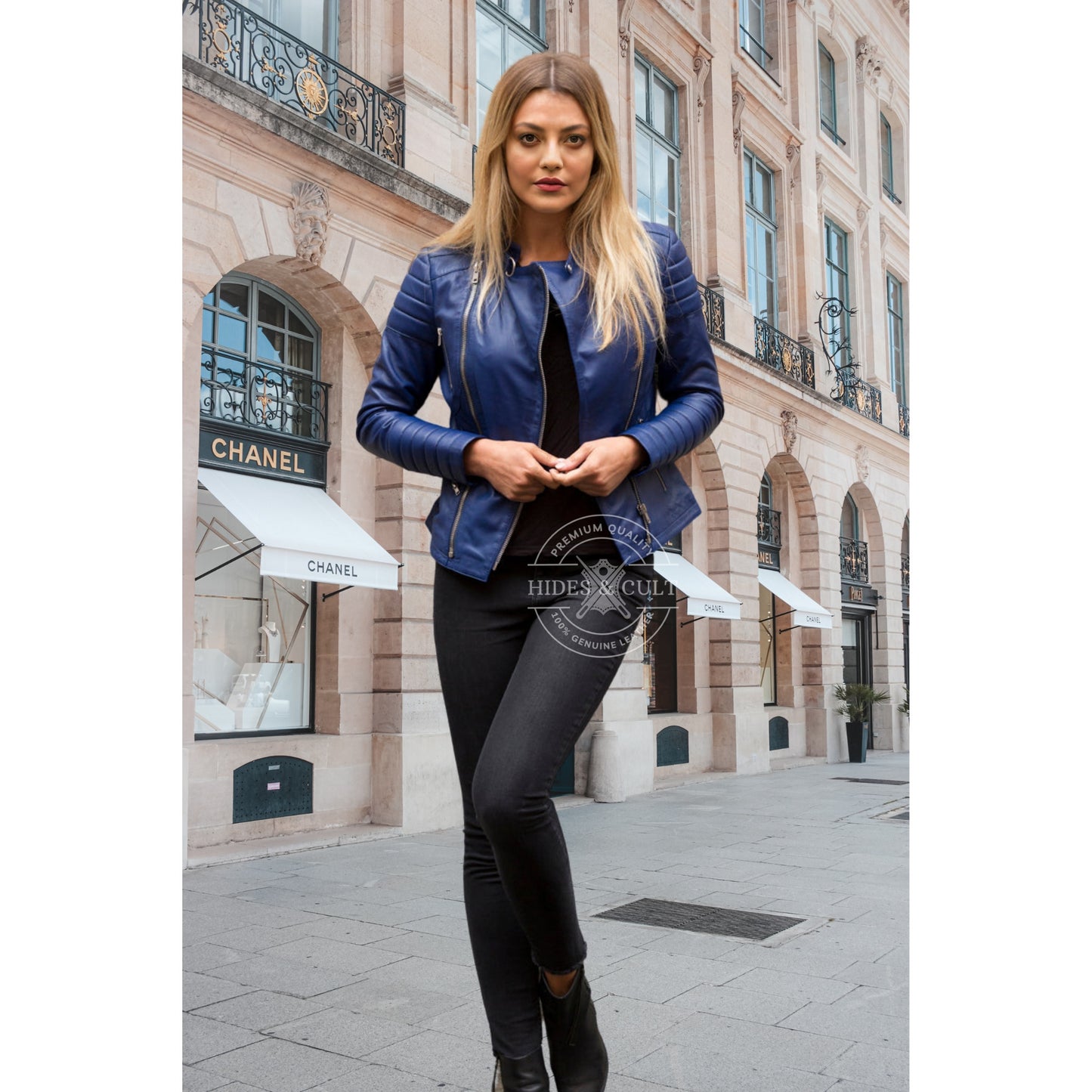 Womens Blue Quilted Motorcycle Genuine Leather Jacket