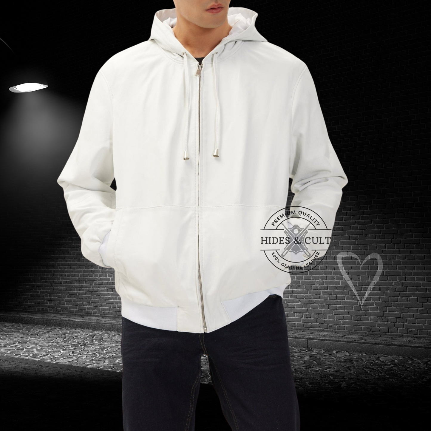 Mens White Genuine Lambskin Leather Hooded Sweatshirt