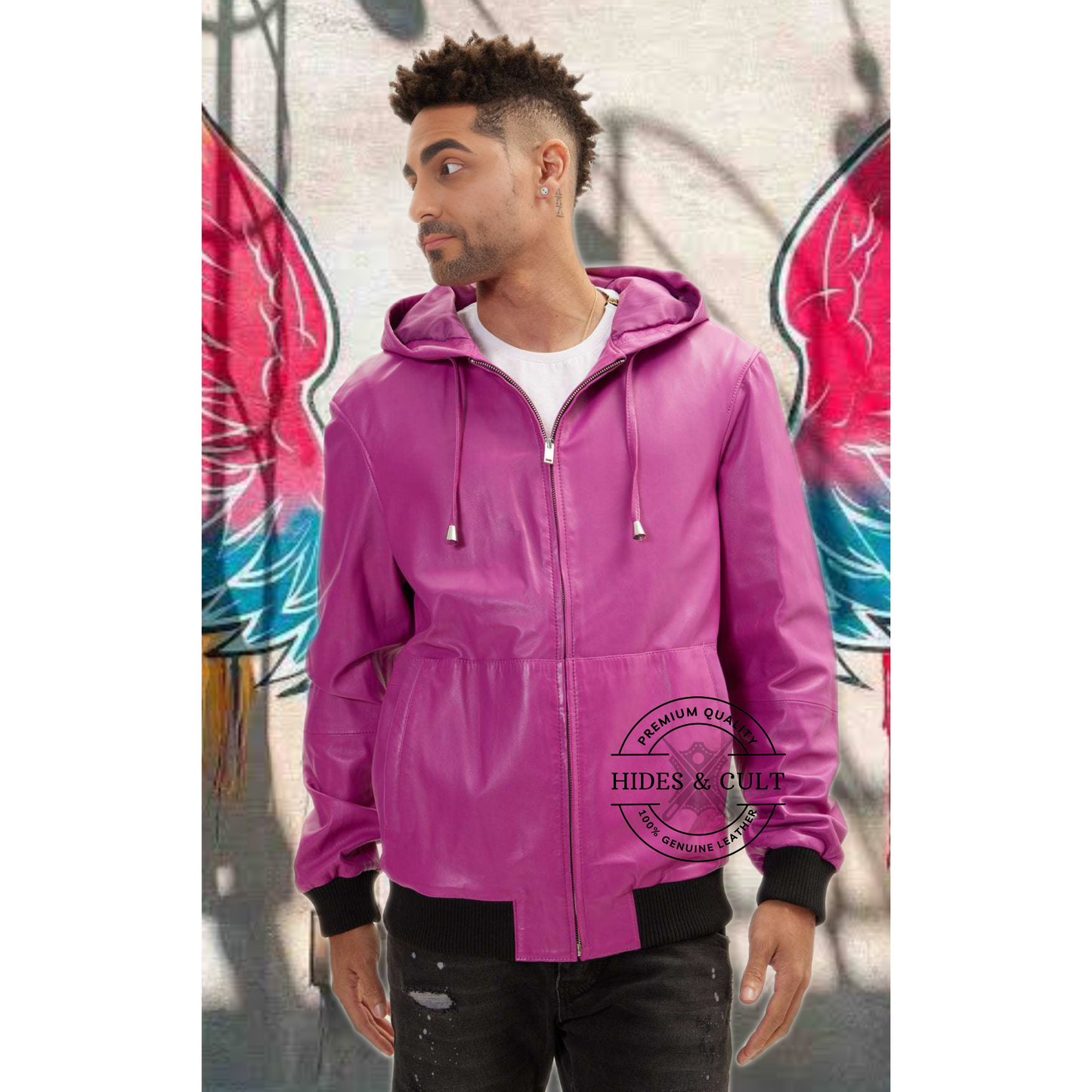 Men's Fuchsia Pink Genuine Leather Hooded Pullover Jacket