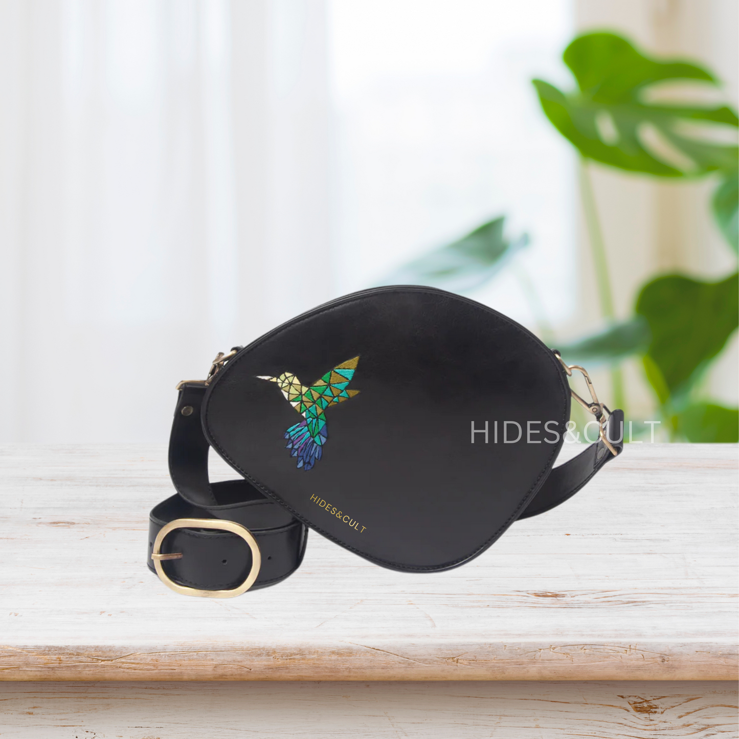 Handcrafted Black - Kingfisher Origami Art Embroidered Genuine Leather Sling Bag