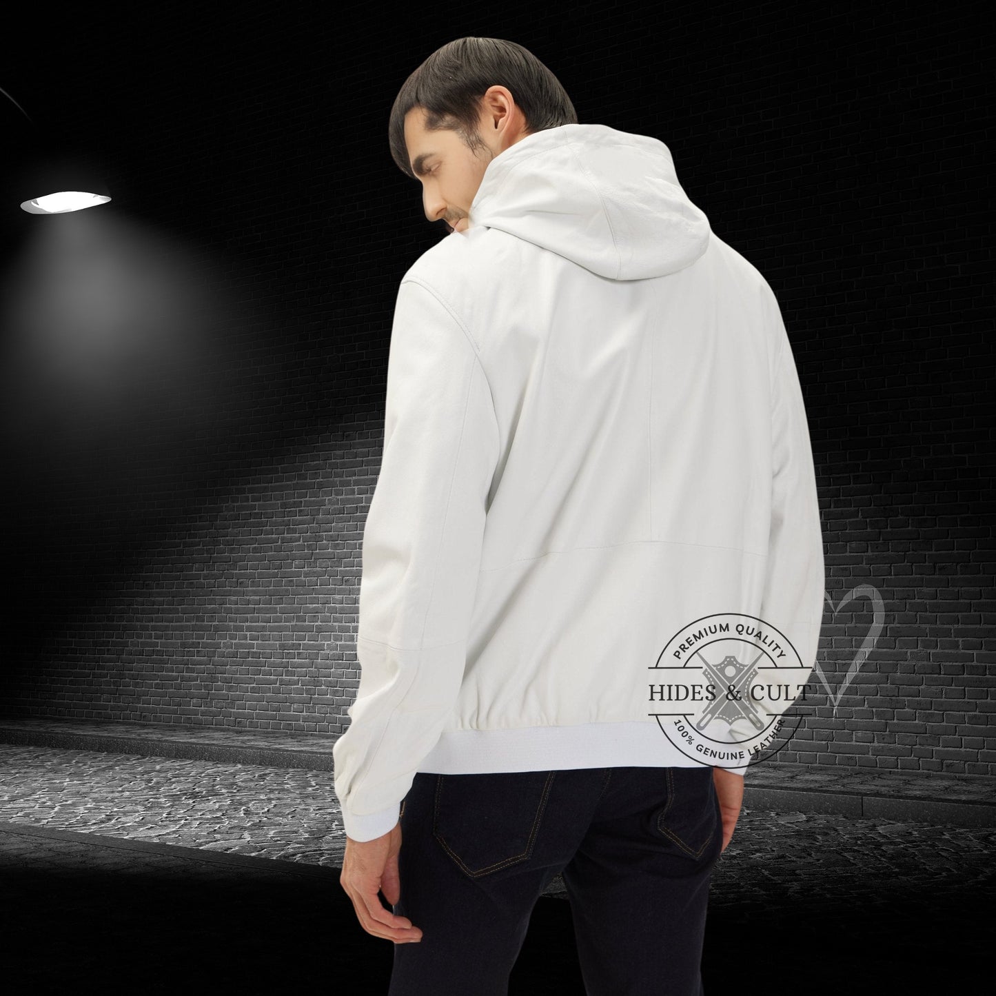 Mens White Genuine Lambskin Leather Hooded Sweatshirt