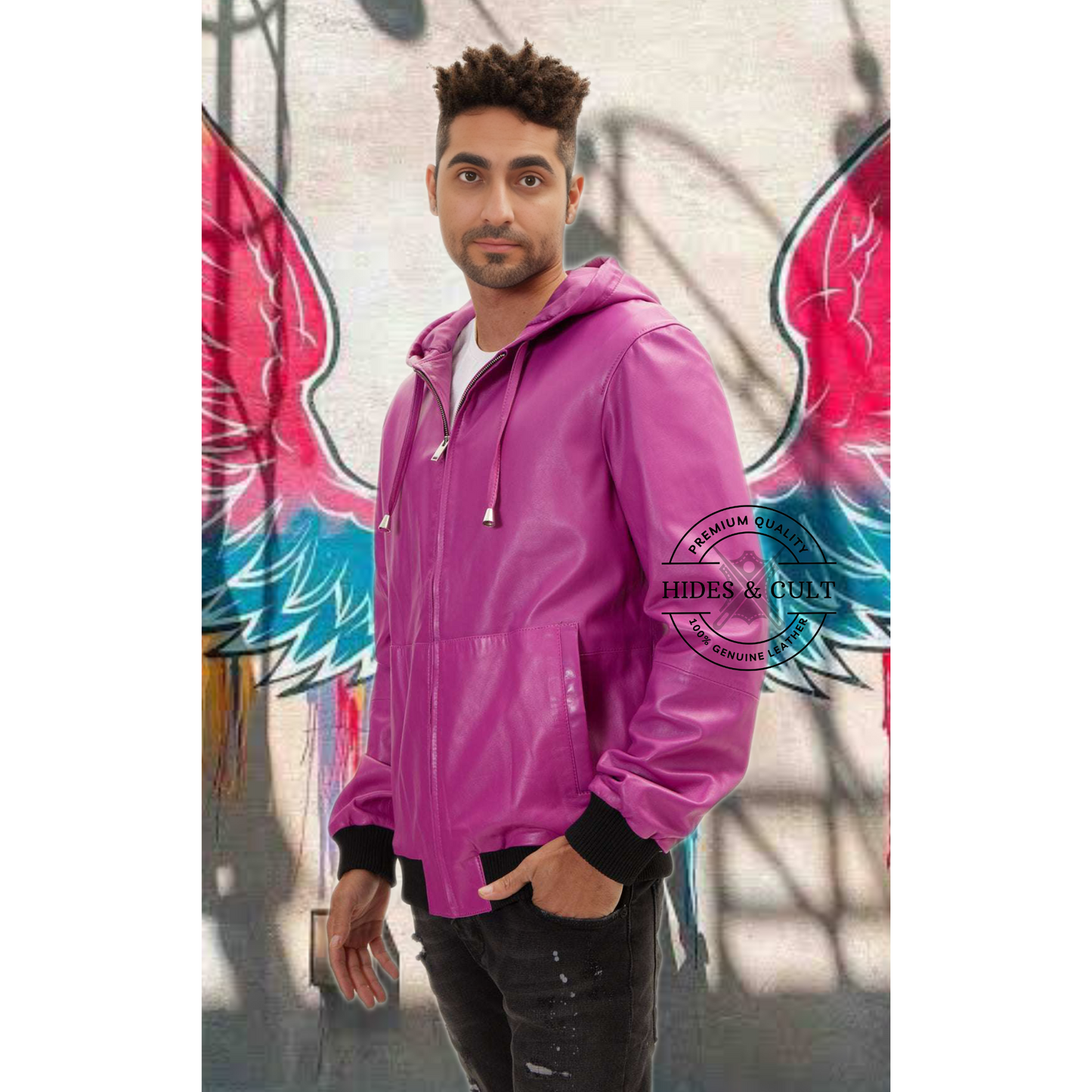 Men's Fuchsia Pink Genuine Leather Hooded Pullover Jacket