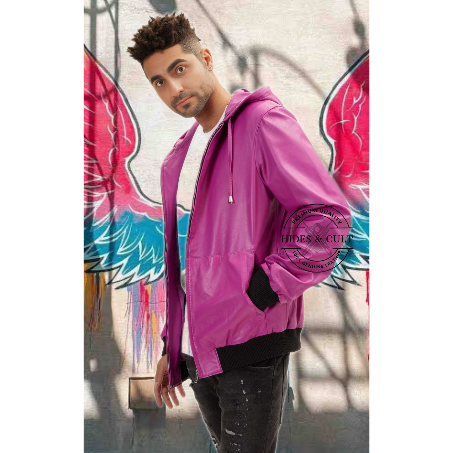 Men's Fuchsia Pink Genuine Leather Hooded Pullover Jacket