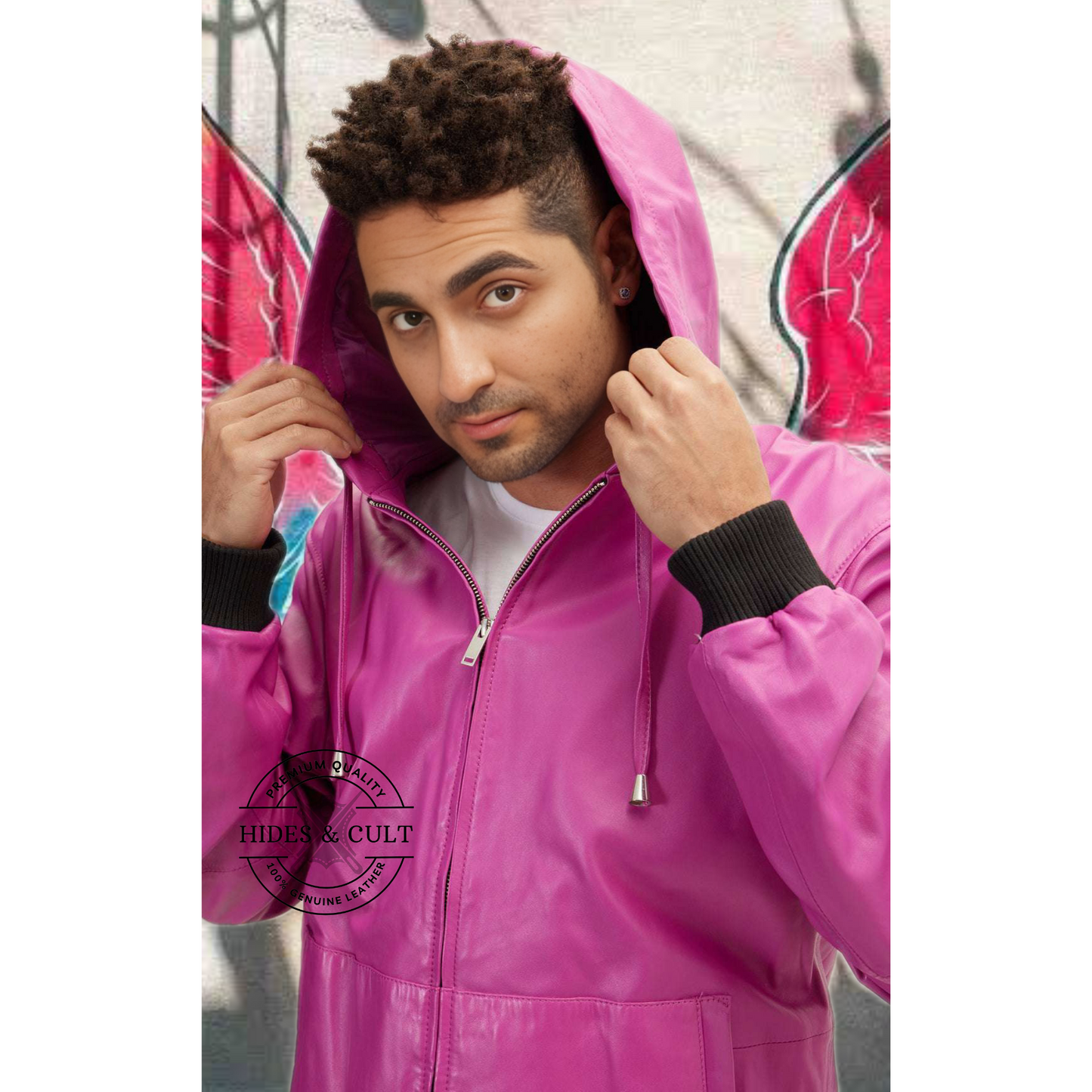 Men's Fuchsia Pink Genuine Leather Hooded Pullover Jacket