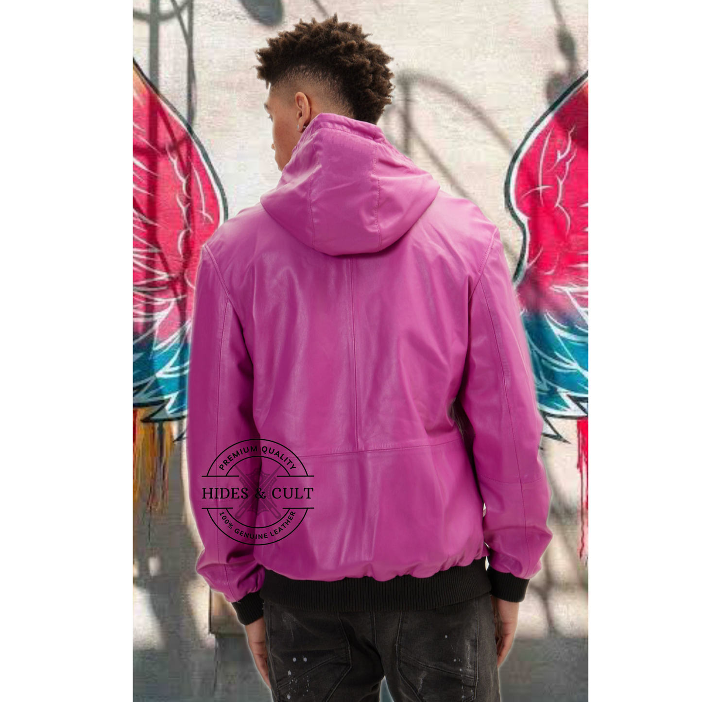 Men's Fuchsia Pink Genuine Leather Hooded Pullover Jacket
