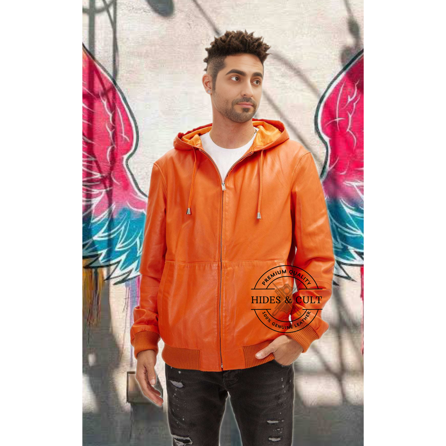 Men's Orange Genuine Leather Hooded Pullover Jacket