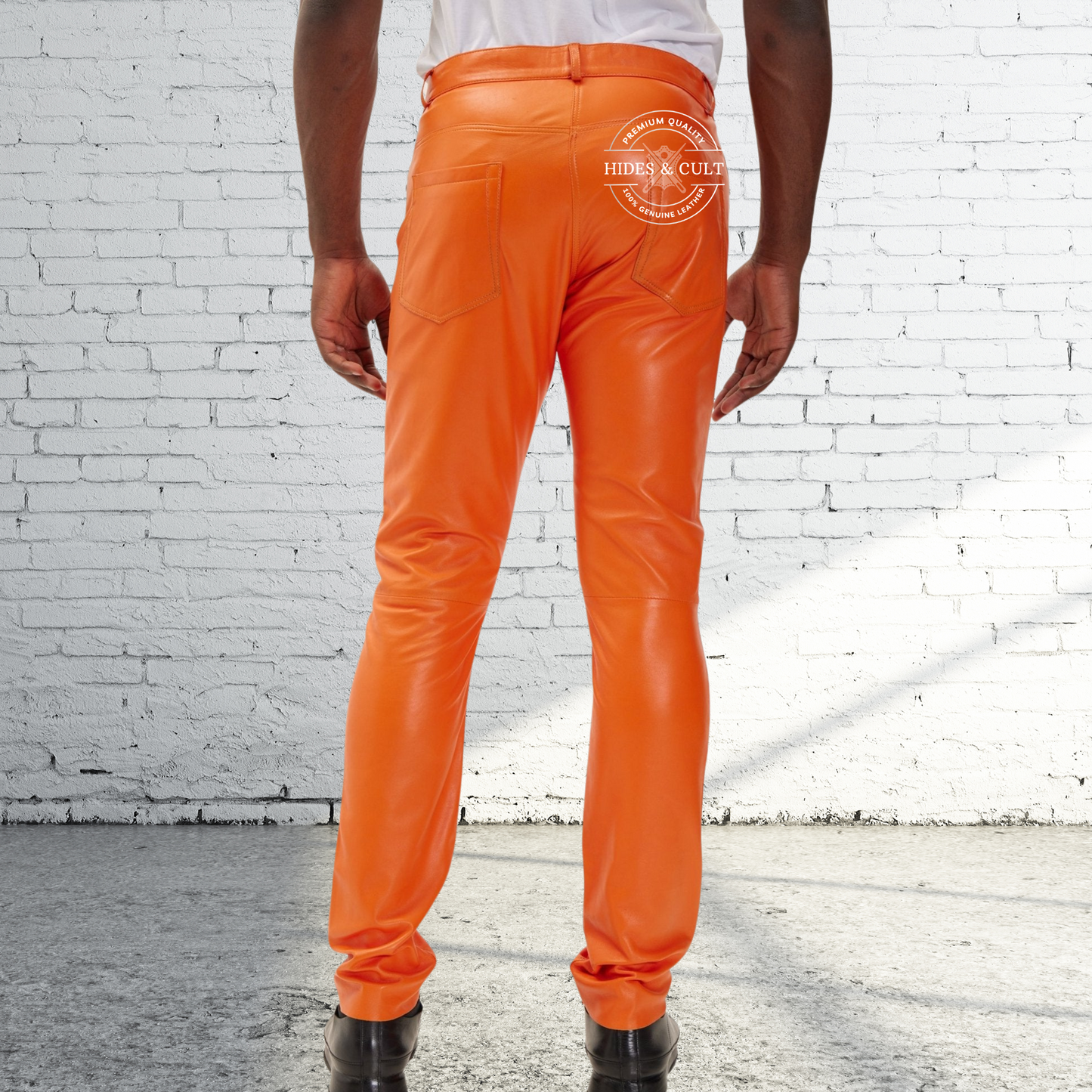 Mens Rich Orange Genuine Soft Lamb Leather Pants