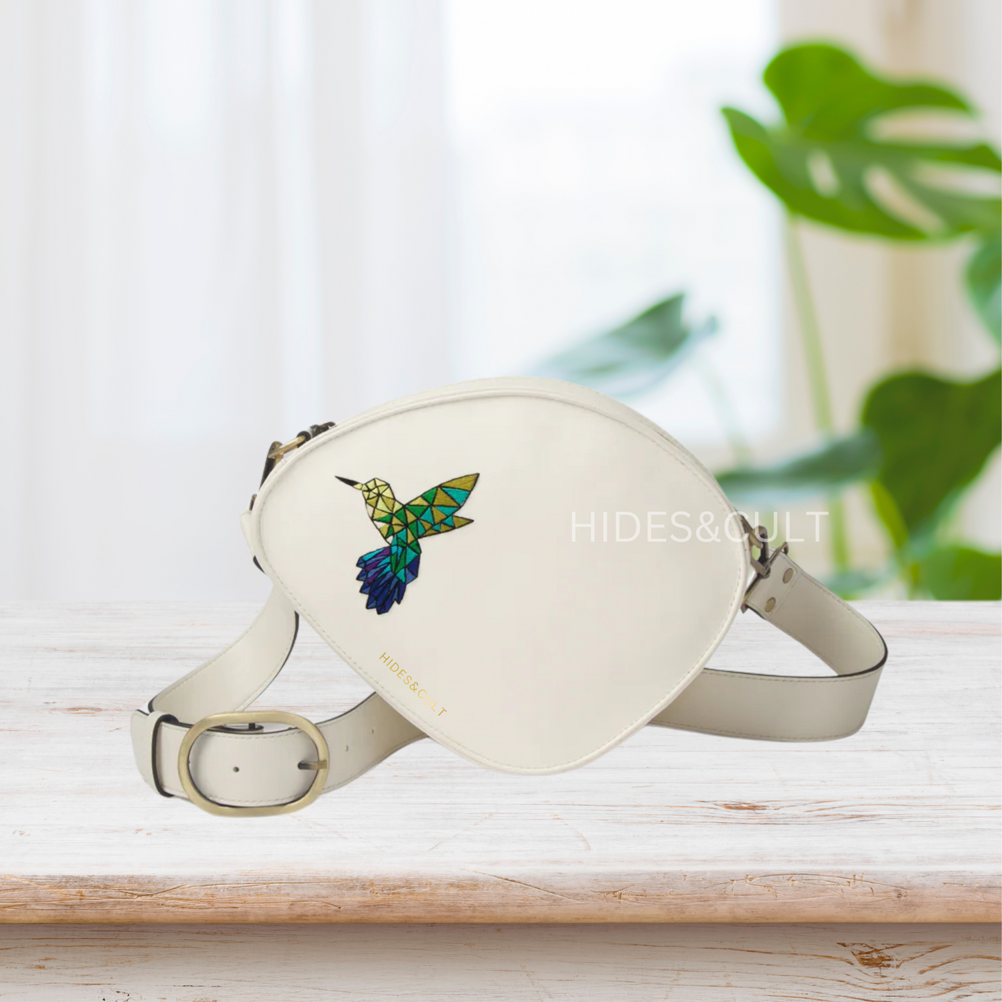 Handcrafted White - Kingfisher Origami Art Embroidered Genuine Leather Sling Bag