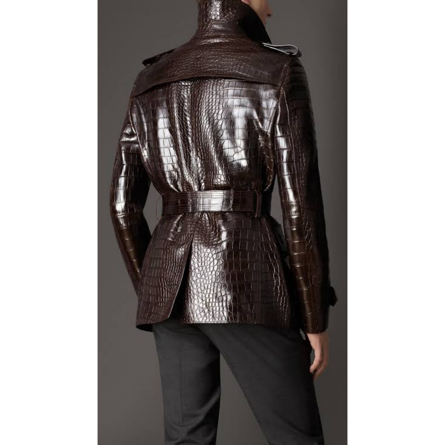 Back view of Men's Rich Brown Croc Embossed Leather Trench Coat β Sleek back panel with croc embossing, waist belt, and clean trench silhouette