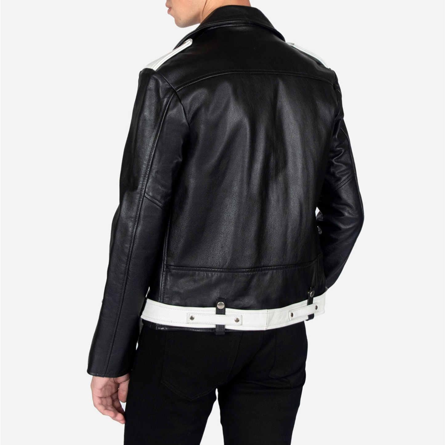 Back view of men's black-white two tone leather biker jacket with belted waist