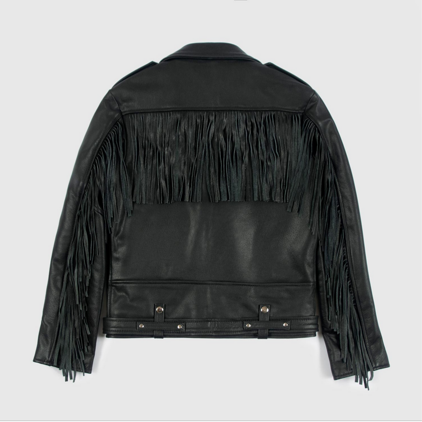 Back view of men's black leather biker jacket with long fringe across shoulders and arms, belted waist