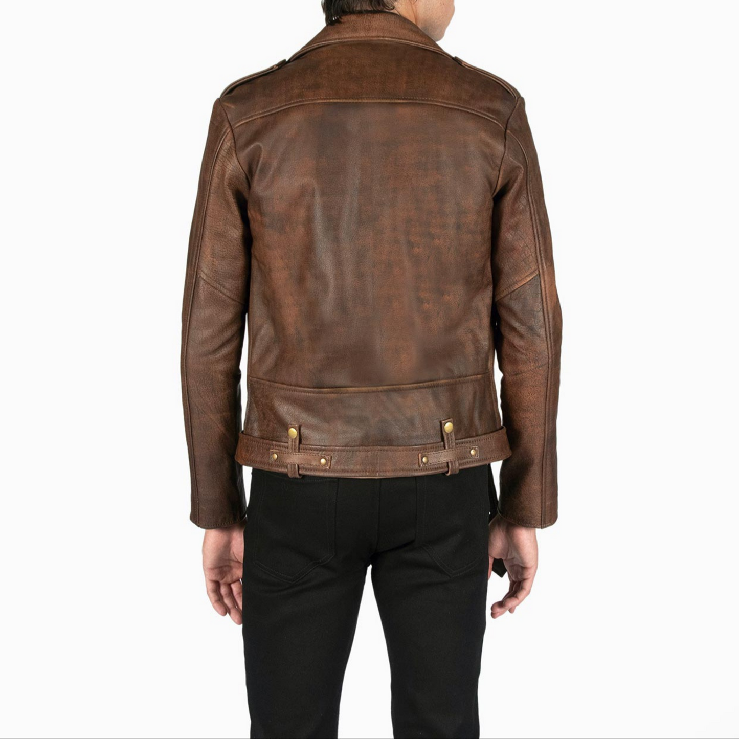 Back view of men's vintage brown slim fit biker leather jacket with structured shoulders and belt design