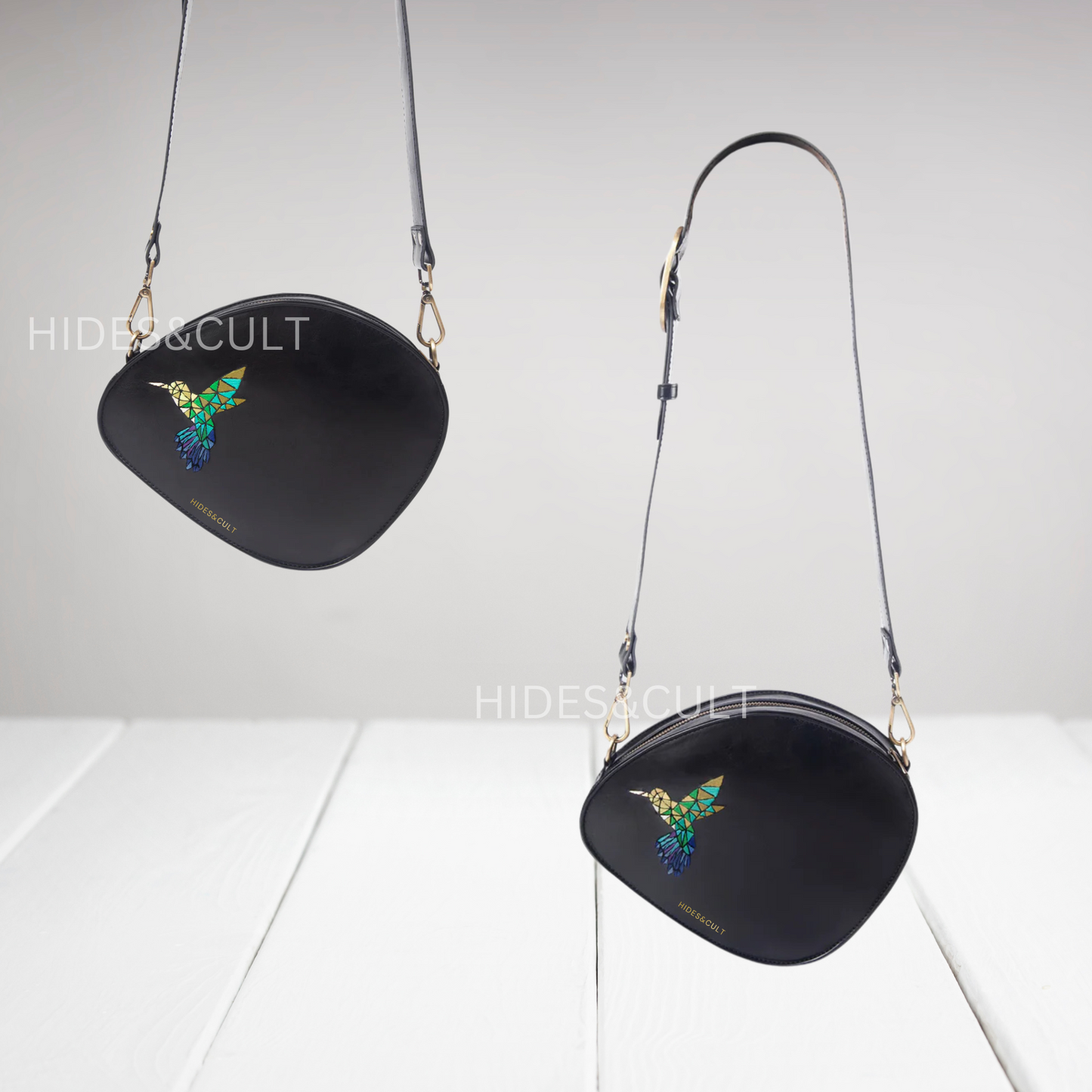 Handcrafted Black - Kingfisher Origami Art Embroidered Genuine Leather Sling Bag