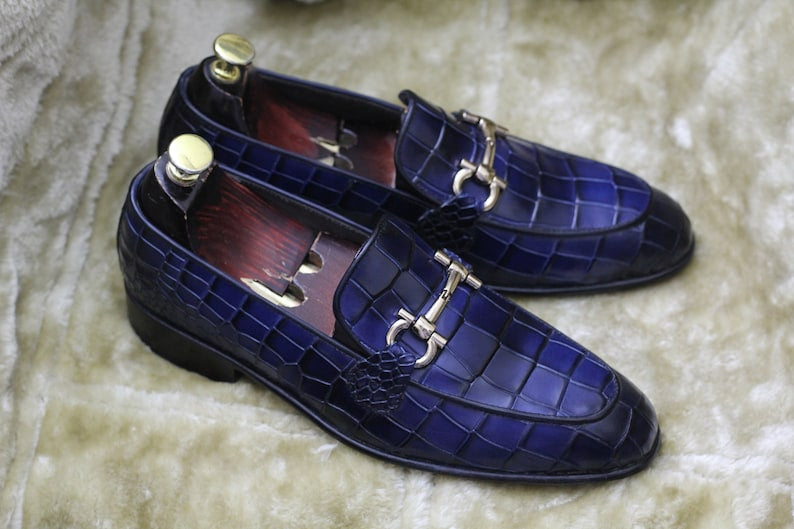 Croco Slip On Horse-bit Loafers - Royal Blue | Hides&Cult