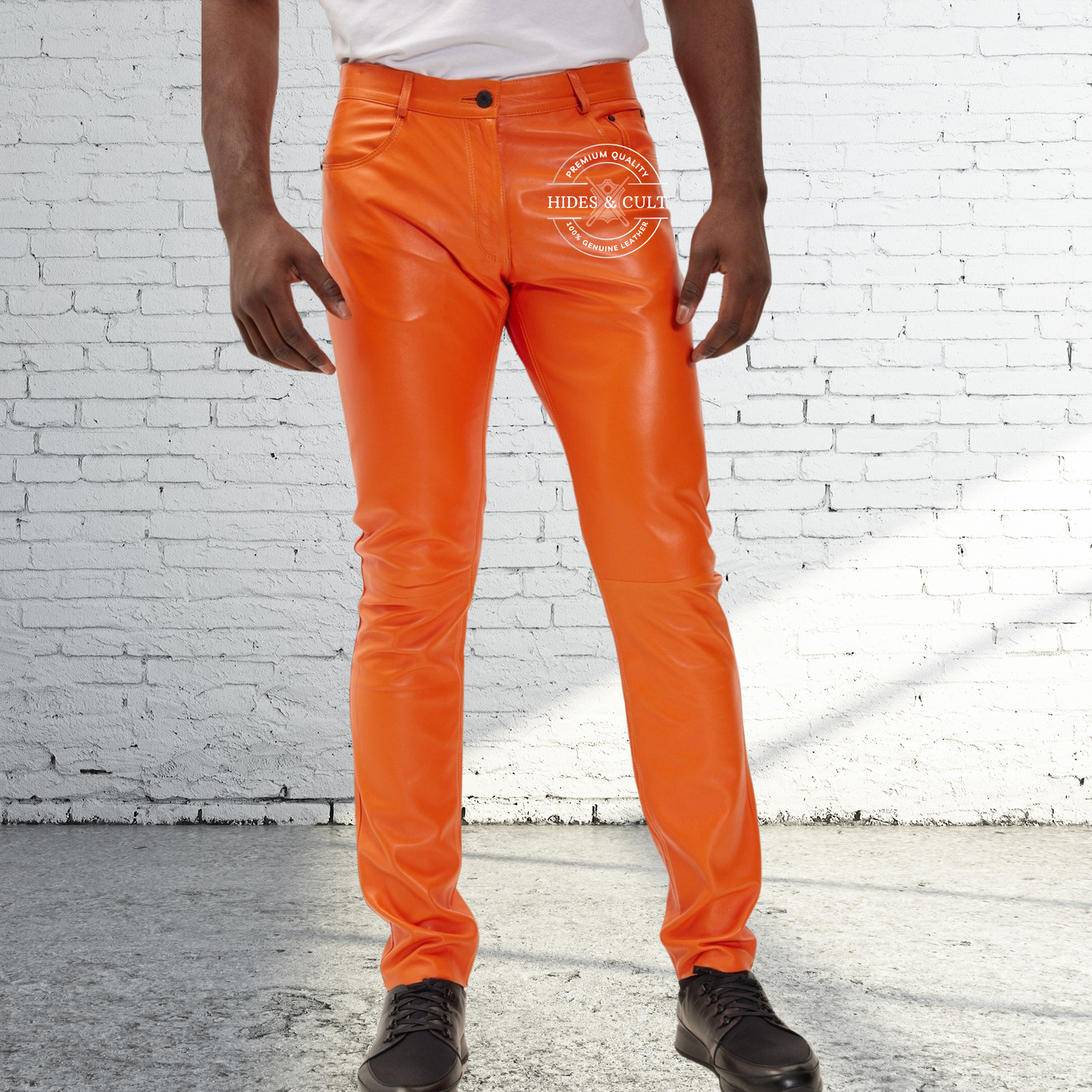 Mens Rich Orange Genuine Soft Lamb Leather Pants