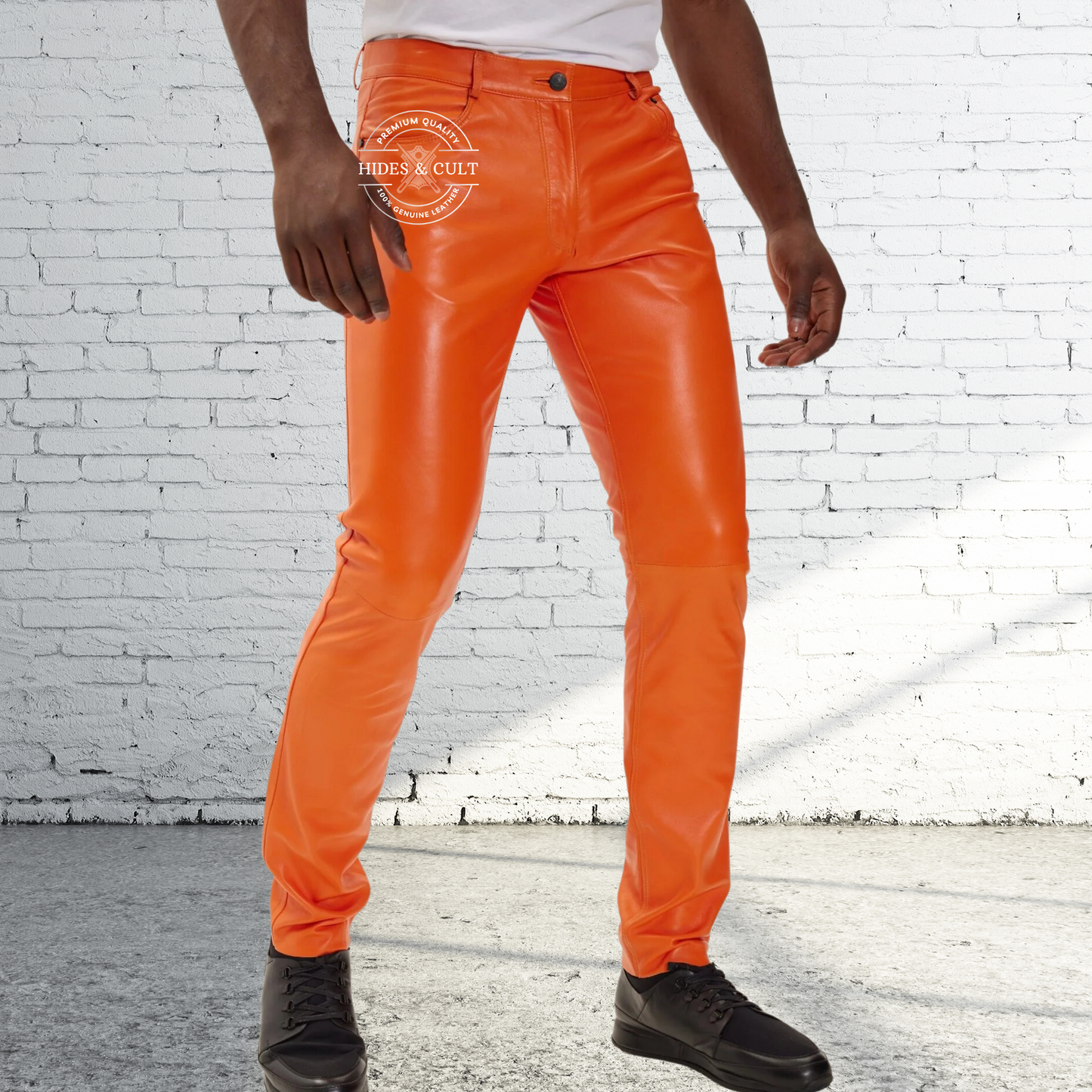 Mens Rich Orange Genuine Soft Lamb Leather Pants