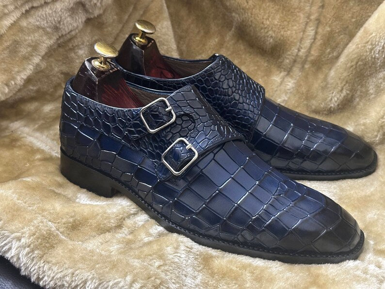 Croco Double Monk Strap Shoes - Deep Blue | Hides&Cult