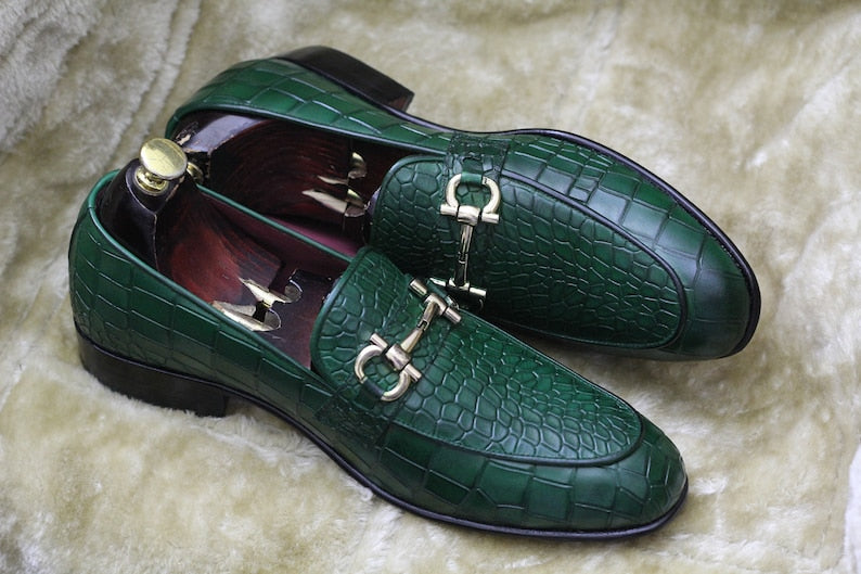 Croco Slip On Horse-bit Loafers - Green | Hides&Cult