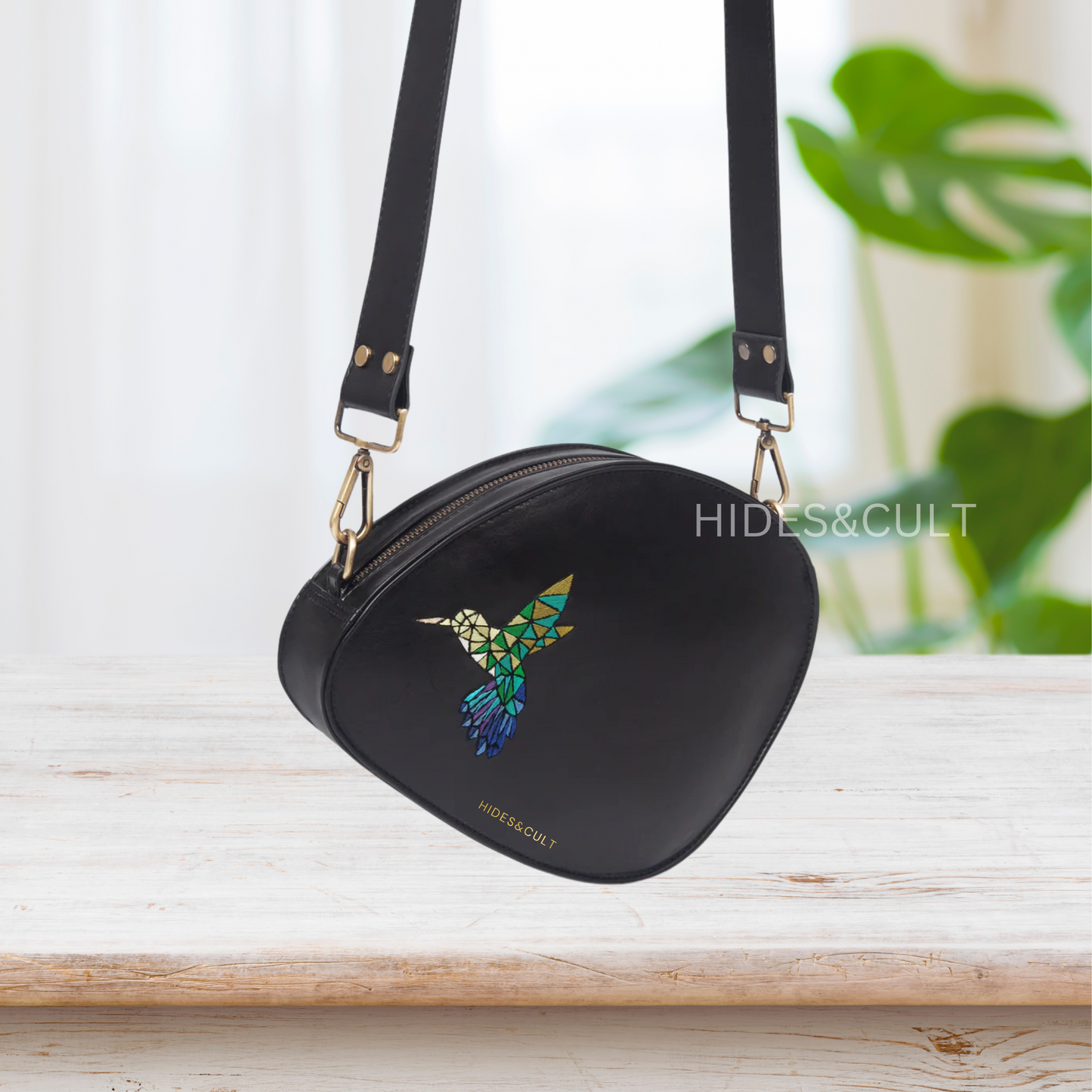 Handcrafted Black - Kingfisher Origami Art Embroidered Genuine Leather Sling Bag