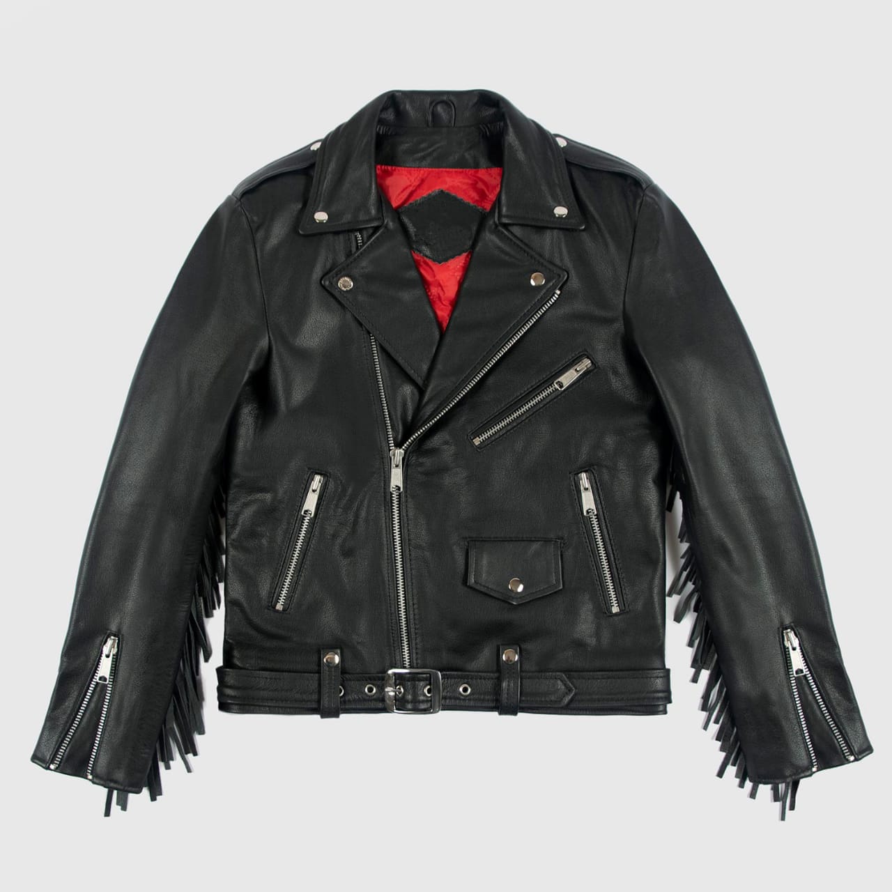 Flat lay of men's black fringed slim fit biker leather jacket with belted waist and western fringe accents