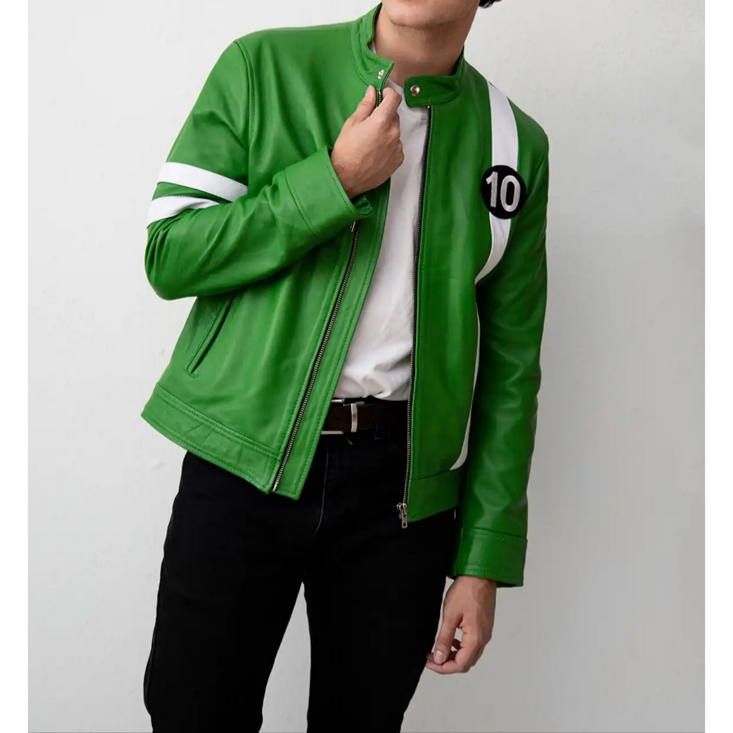 Front view of Men's Ben 10 Inspired Leather Jacket β Bold and stylish leather jacket featuring vibrant Ben 10 graphics, perfect for fans and casual wear