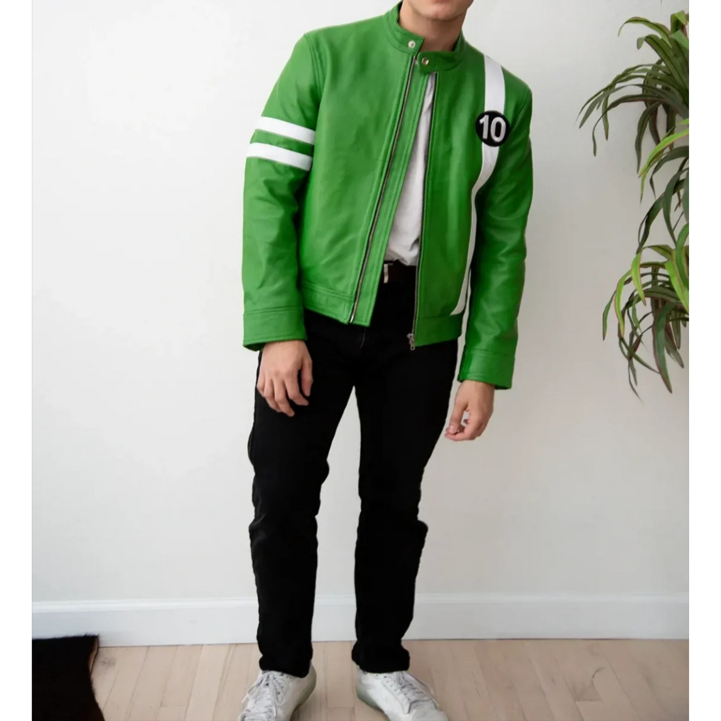 Front view of Men's Ben 10 Inspired Leather Jacket β Eye-catching leather jacket with vibrant Ben 10 graphics, designed for fans seeking stylish and bold outerwear