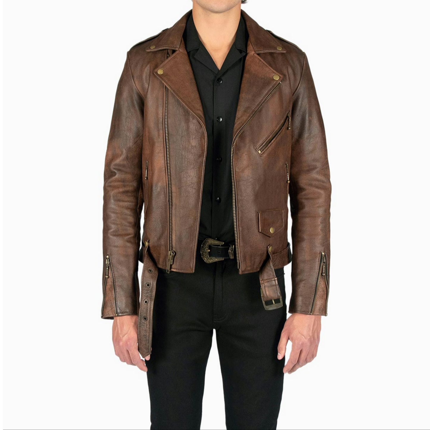 Full view of model wearing men's vintage brown slim fit motorcycle biker leather jacket with belted waist, zip details, and retro-inspired design
