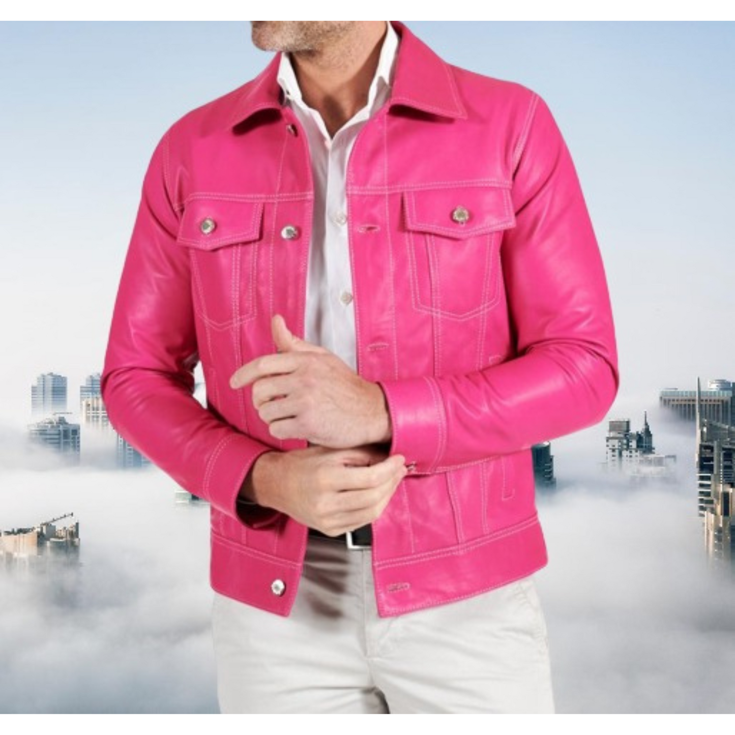 Hides & Cult men's Pink leather jacket, flat lay, clear view of premium leather and design.