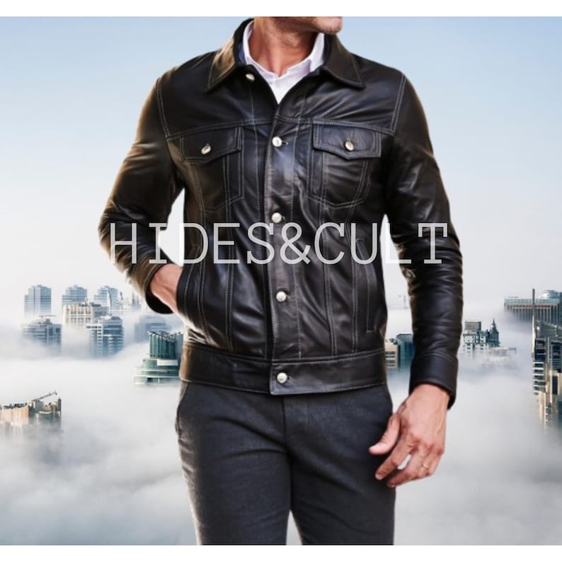 Hides & Cult men's black leather jacket, flat lay, clear view of premium leather and design.