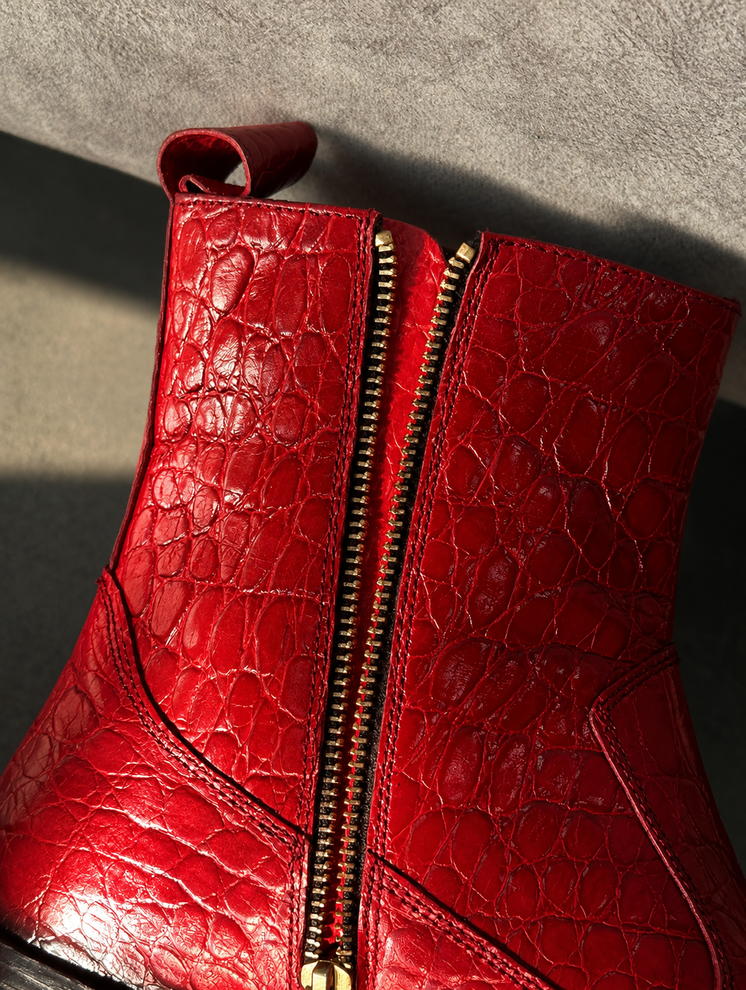 Handmade Vintage Red Croc Texture Square Toe Genuine Leather Cuban Heel Boots Men | Hides&Cult
