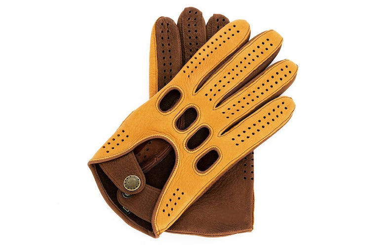 Mens Cognac Brown Two Tone Driving Gloves in Sheep Leather